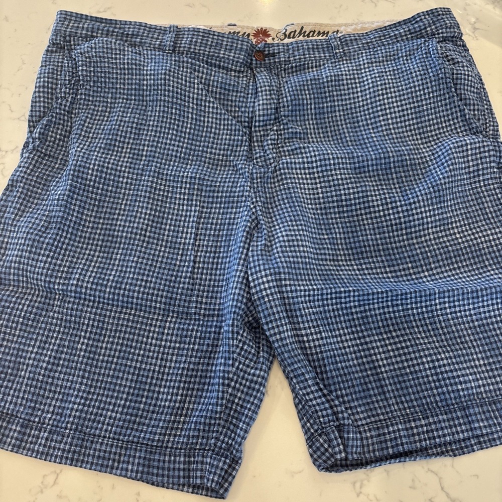 VTG Tommy Bahama Small Plaid Bermuda Shorts Blue Linen/Silk Beach Vacation SZ 42